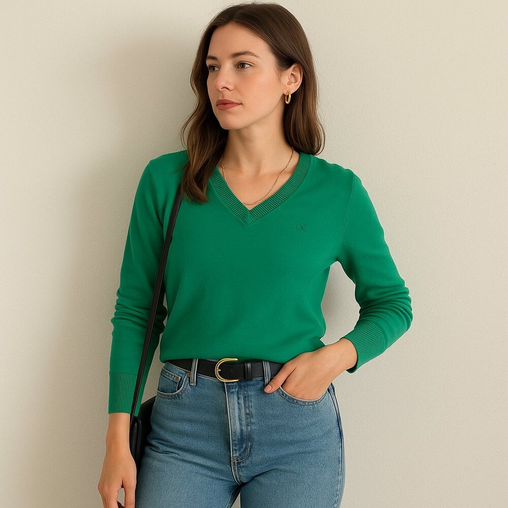Calvin Klein Jeans Green V-Neck Sweater | Size Large | Classic 100% Cotton Knit